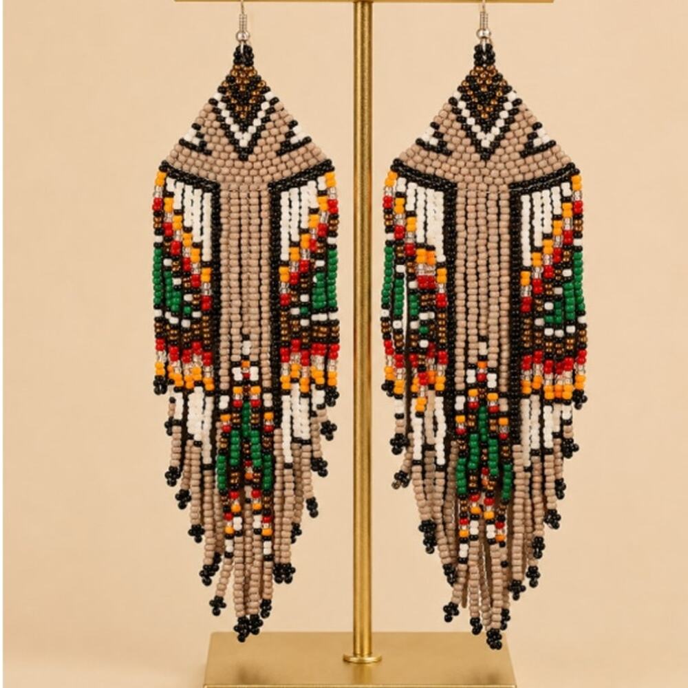 Hand Beaded Long Tassel Earrings Earthtones Tribal Looking Design New